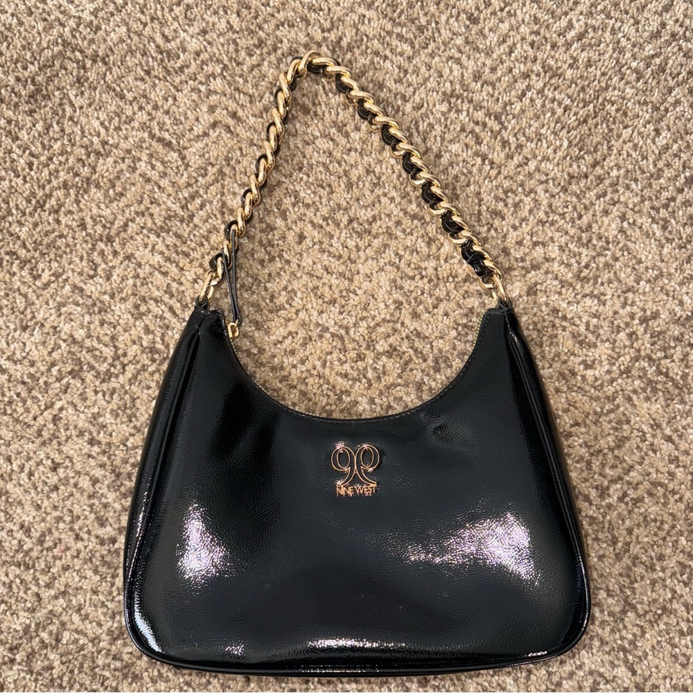 Nine West Black Patent Leather Shoulder Bag with Gold Chain Strap